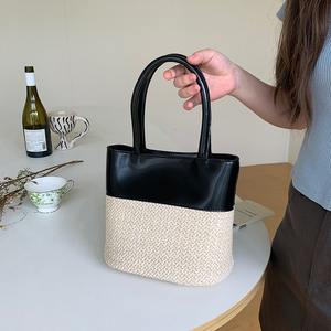 Summer Straw Tote <b>Bag</b> Brown White <b>Patchwork</b> Weaving Magnetic Buckle Everyday Outfits Spring 2024 - Product Image 2