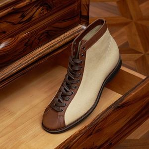 High-top Classic Boxing <b>Boots</b>: Retro Color-blocked Round-toe Lace-up Men's Ankle <b>Boots</b> Cowhide Patchwork <b>Work</b> <b>Boots</b> - Product Image 4