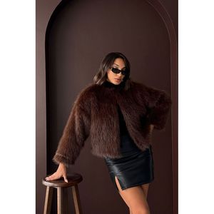 Topshow Women's Luxurious Burgundy Faux Fur Top, 100% Polyester Solid Color Long Sleeve Casual <b>Winter</b> Outerwear - Product Image 5