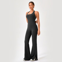 Combinaison de yoga pour femme, dos ouvert, coupe évasée, ourlet fendu, effet push-up, ajustée, une pièce, pour l'entraînement, vente en gros