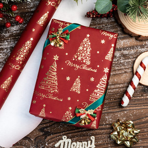 Papel de Regalo Rojo Navideño con Árboles Dorados y Copos de Nieve, Papel de Arte de Doble Cara para Envolver Regalos Navideños - Product Image 1