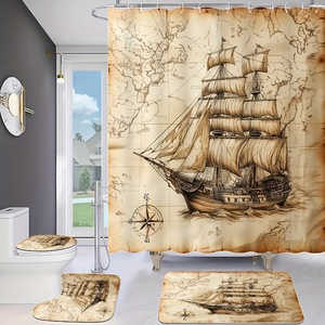 Cortina de Ducha de Poliéster con Estampado Digital de Mapa Marrón y Brújula, Cortina de Baño Impermeable, Venta al por Mayor, Moderna - Product Image 5