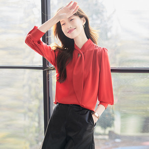 Women's Red Satin Blouse Long Sleeve Wrap Tie Office Shirt Solid Color Polyester Q9974 - Product Image 3