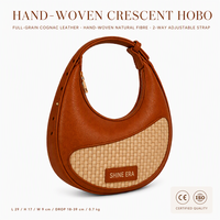 Sac Hobo Croissant en Cuir Pleine Fleur Cognac 3453, Tressé à la Main en Fibres Naturelles, Bandoulière Réglable, Sac à Main d'Épaule pour Femme, Vente en Gros
