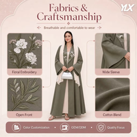 Abaya personnalisée pour femmes musulmanes, robe longue verte brodée motif feuille, ouverte sur le devant, avec robe intérieure, OEM ODM