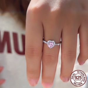 Anello in Argento Sterling 925 con Cuore Rosa in Zirconia Cubica per Donne, Fidanzamento, Feste, Gioielli CZ Placcati in Rodio - Product Image 6
