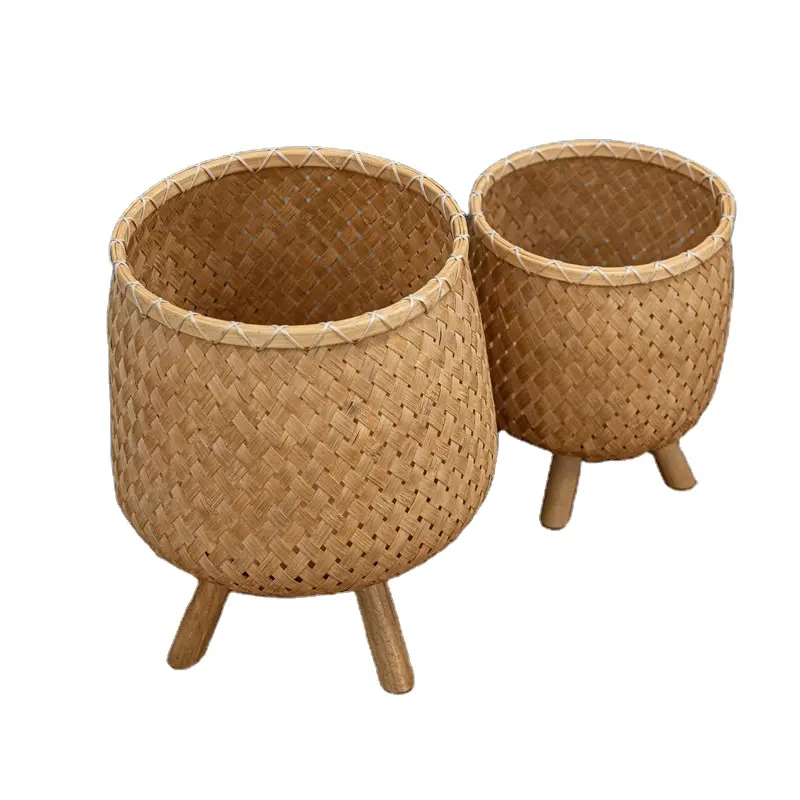 Cesta de madera de bambú con patas para decoración del hogar, soporte de plantas artificiales marrones, Natural y rústico, regalo redondo, venta al por mayor