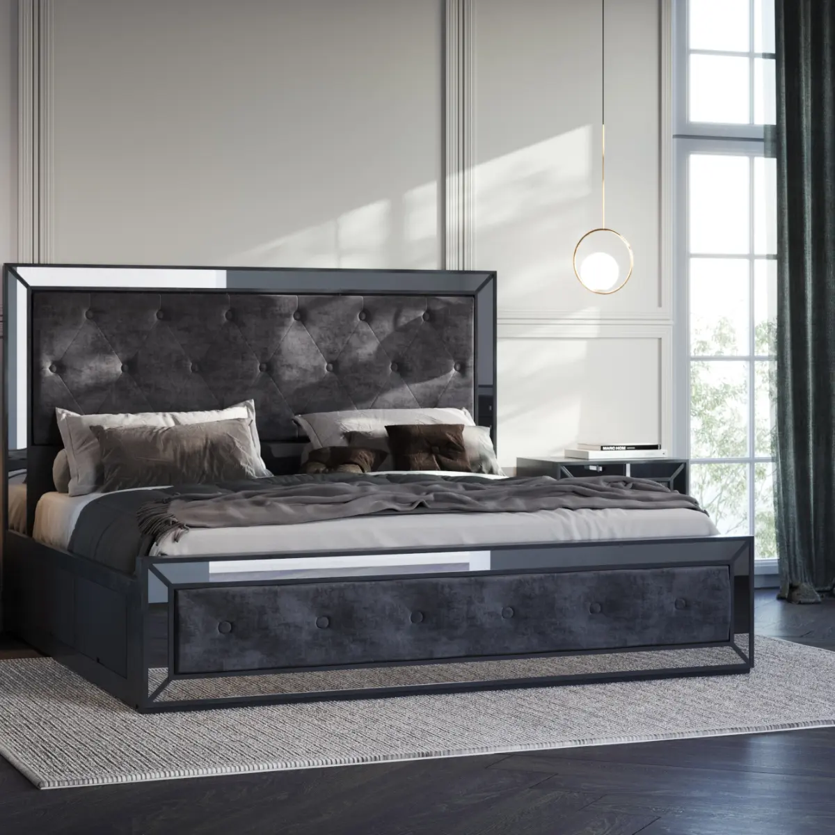 High Quality Mirrored Queen Size Bedroom Set Furniture Black Frame Bedroom Mirrored Bed