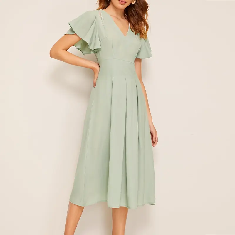 New V-neck Women Fashion Short Sleeve Mint Green Color Dress Casual Dress