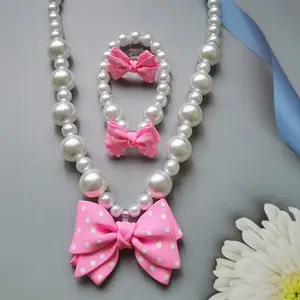 2024 Kids Jewelry Set Necklace Ring Adjustable Beaded Baby Bracelets Pearl Wholesale Bow Ring For Girls