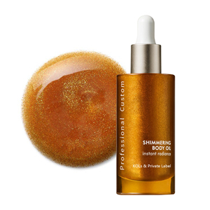 Huile corporelle scintillante MLM 100ml, flacon cylindrique avec bouchon doré, végane, sans cruauté, éclaircissante et nourrissante, huile corporelle bio sans cruauté. - Product Image 2