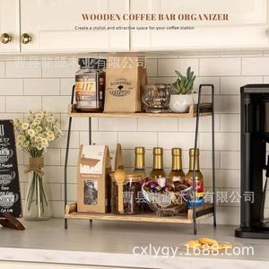 Retro Wooden Double Layer Storage Rack Iron Frame Multifunctional Kitchen Spice Organizer Shelf for Condiments and Tea - Product Image 4