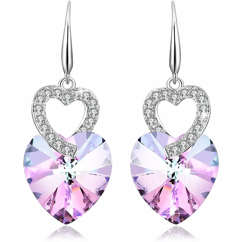 Hermosa Austria Crystal Earrings Double Love Heart Hook Dangle Earrings 925 Sterling silver Earrings for Women Jewelry
