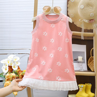 Robe d'été sans manches pour filles, en dentelle, à ourlet côtelé, patchwork, style princesse, pour tout-petits