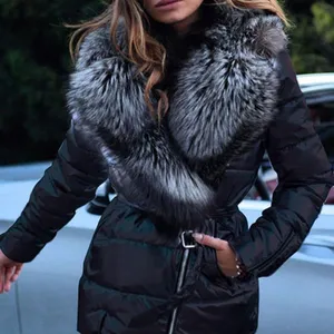 Neues Design Großhandel Mode Damen Mädchen Umdrehbares großes Pelzkragen warmer Übergröße Reißverschluss Gürtel gepolsterter Mantel Damen