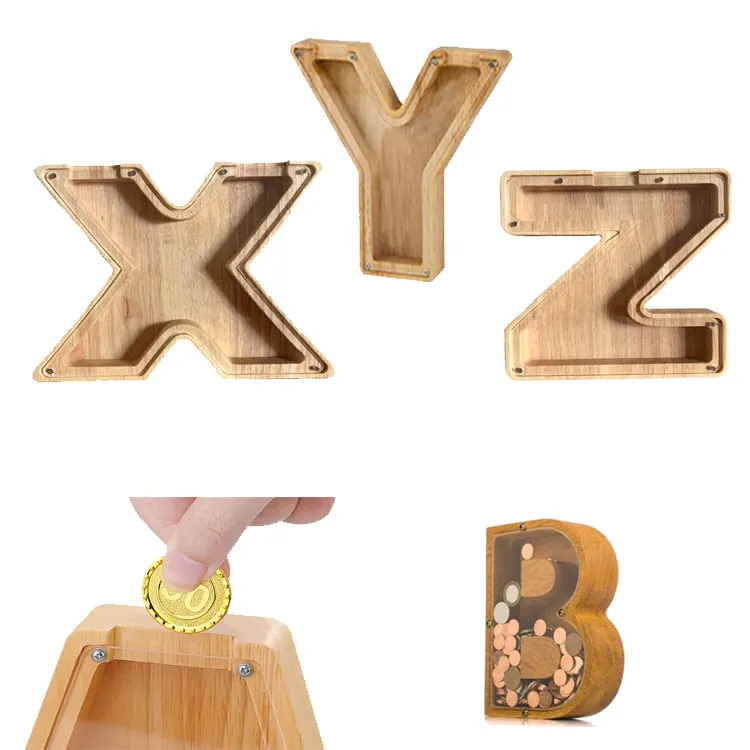 Wooden English Alphabet Wood Piggy Bank 26 Letters Shaped Money Saving Boxes Customized Wooden Money Bank