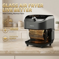 Friteuse à air moderne 1600W 6L avec fenêtre de visualisation, corps en plastique, cuve en verre sans revêtement, usage commercial et domestique, LED, sans huile, électrique, garantie 1 an