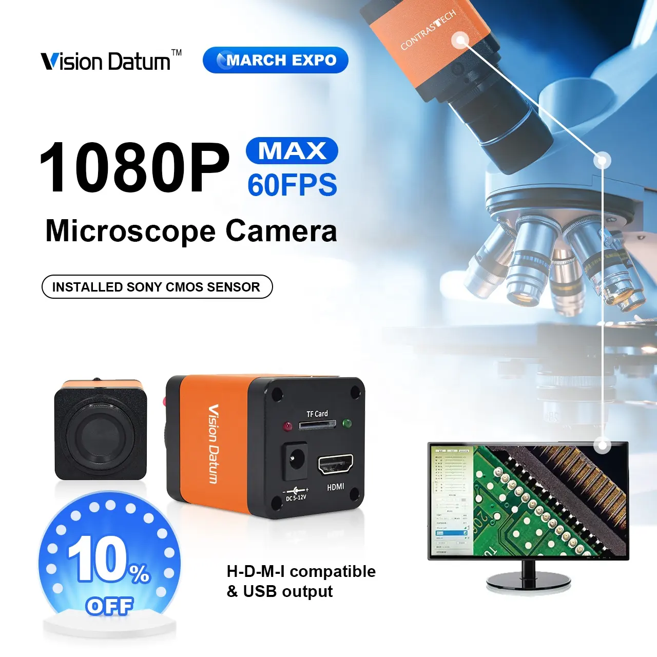 Fotocamera da microscopio digitale industriale 2k 4k VGA compatibile con 1080 HD 30fps 60fps H-D-M-I-compatibile con Display Cross Line