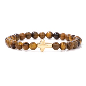 Vente flash : Bracelet en perles <span class=keywords><strong>de</strong></span> pierre naturelle <span class=keywords><strong>de</strong></span> 6 mm avec pendentif croix dorée, bracelet en perles d'améthyste et d'œil <span class=keywords><strong>de</strong></span> tigre, bracelet élastique unisexe - Product Image 1