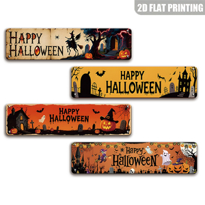 Targa in Metallo Vintage con Casa Stregata, <span class=keywords><strong>Zucca</strong></span> e Fantasma per Halloween - Product Image 1