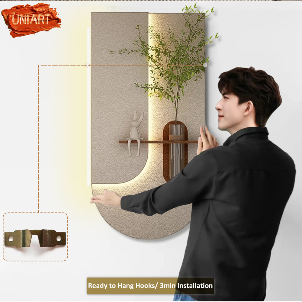 UNIART Luxury LED Wooden Luminous 3D Relief Sandstone Sculpture Green Plant Vase Wall Hanging for Home Decor Hotel Art Deco · image 4