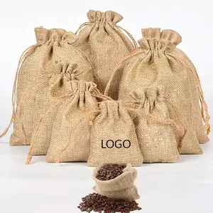 Vente en gros, petite pochette en lin imprimée écologique, sac en jute pour shopping avec cordon de serrage, cadeau personnalisé en jute pour tasses à café