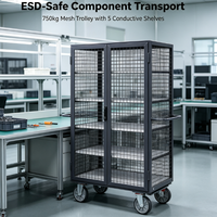 Chariot de sécurité en maille dissipative ESD 750 kg, 5 niveaux avec frein central pour atelier électronique