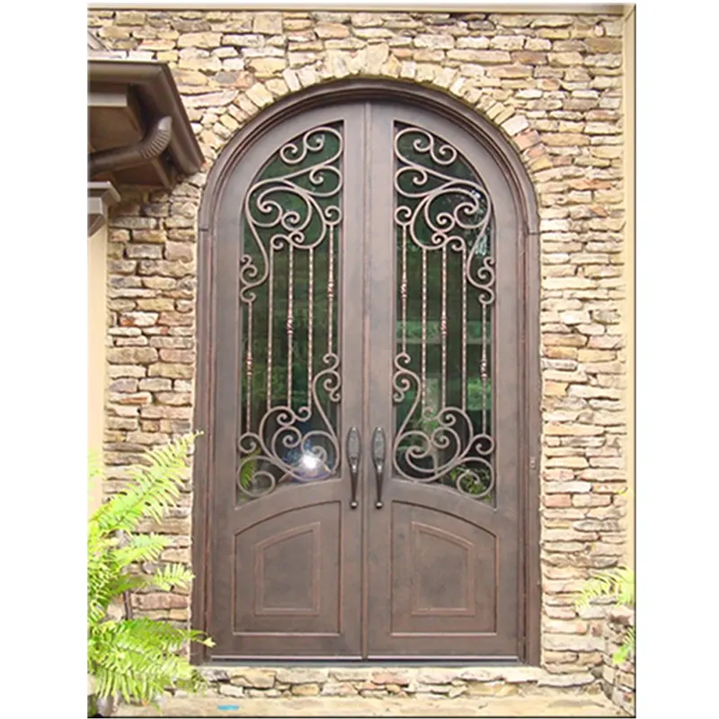 بوابة باب منزلق من الحديد المطاوع من الزجاج الألومنيوم أسود باب حديدي فرنسي داخلي وخارجي للمنزل