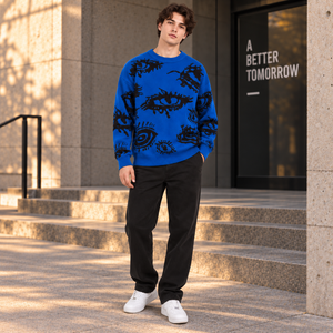 Maglione Girocollo da Uomo con Motivo Jacquard Integrale, Blu Cobalto e Nero, in Cotone, Oversize con <span class=keywords><strong>Spalle</strong></span> Cadenti - Product Image 2