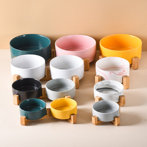 Non-Slip Weighted Cute Modern Pet Dish Set Ceramic Cat <b>Bowl</b> <b>Dog</b> Feeder with Wood Stand for Food and Water - Product Image 4