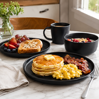 Service de table 4 pièces en grès céramique noir mat de qualité supérieure – Assiettes, bols, tasses – Compatible lave-vaisselle, micro-ondes, congélateur et four