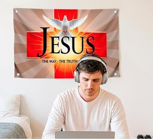 لافتة مسيحية مخصصة من البوليستر مقاس 3×5 قدم، مطبوعة على وجه واحد، تحمل عبارة 'طريق يسوع، الحياة، الصليب' مع رمز الحمامة، لتزيين الجدران، مع 4 عراوي نحاسية للحدائق - Product Image 4