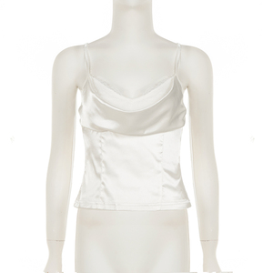 French Light Luxury Two in <b>One</b> Lace Patchwork Cowl Neck Camisole Pure Style White Satin Slim Fit Deep V <b>Top</b> - Product Image 6