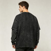 T-shirt unisexe oversize à manches longues, effet faux deux pièces, col, 100% coton 230, uni, délavé et vieilli, style streetwear vintage, expédition immédiate