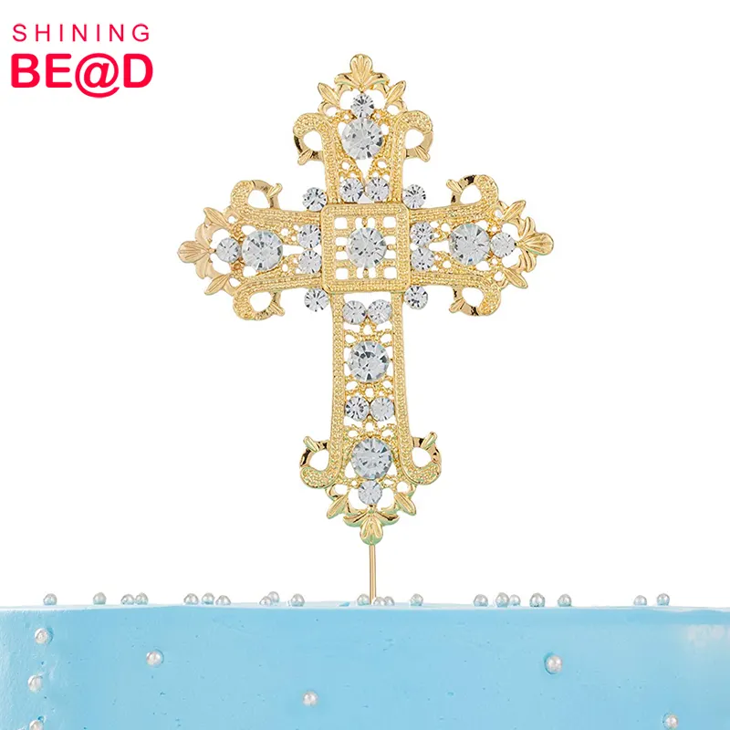 Decoração de bolo banhado a ouro, cruz strass cristal brinco para casamento batismo batizado