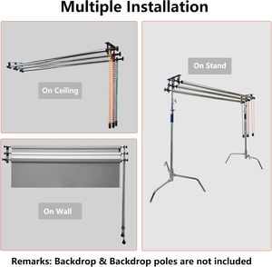 Sistema di Supporto per Sfondo Fotografico a 4 Rulli con Montaggio a <span class=keywords><strong>Parete</strong></span>, 2 Ganci Pieghevoli, 8 Barre Espandibili, 4 Catene - Product Image 3