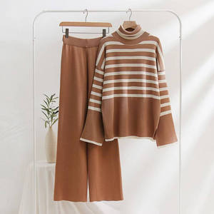 Ensemble 2 pièces pour <span class=keywords><strong>femme</strong></span>, mode hiver 2023, pull à <span class=keywords><strong>col</strong></span> <span class=keywords><strong>roulé</strong></span> rayé décontracté, tricot ample, pantalon, <span class=keywords><strong>taille</strong></span> plus - Product Image 5