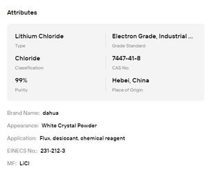 Cloruro de Litio Anhidro (LiCl) con 99% de Pureza, Cristales Blancos, Electrolito, Materia Prima, Agente de Síntesis Química - Product Image 6