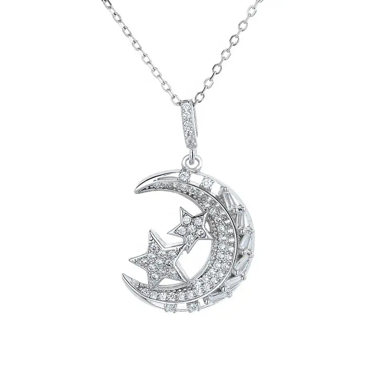 Mond und Stern Anhänger in reinem Silber 925 Halskette feiner Schmuck für Mädchen Geschenk