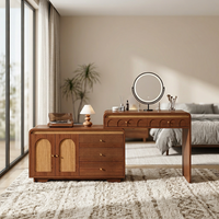 Bureau d'ordinateur double en bois de style Mid-Century, commode à tiroirs tout-en-un, pivotant et extensible, petite unité de maquillage.