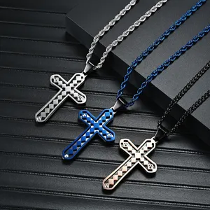 Bijoux chrétiens Double couche jésus croix incrustation Cz diamant pendentif collier en acier inoxydable foi chaîne collier pour hommes