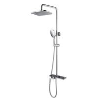 Colonne de douche chromée à touches de piano apparentes en cuivre, avec pommeau de pluie fin carré, douchette à main, étagère de rangement et LED