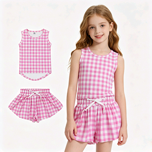 Conjunto de Ropa Deportiva RTS para Niñas, Diseño a Cuadros Rosa, Pantalones Cortos con Forro, 2 Piezas, Nuevos Diseños de Verano, Conjunto de Ropa para Hermanas - Product Image 1