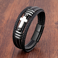 Agate vintage croix multicouche tressée bracelet en cuir véritable breloque fermoir magnétique Bracelet pour hommes bijoux chrétiens cadeau