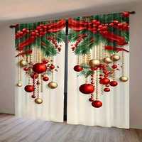 Rideaux de Noël en polyester à imprimé numérique flocons de neige et nœuds, pour fenêtre de salon, ensemble de vente en gros