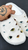 Mules personnalisées en fourrure avec yeux en verre pour hommes, femmes et dames
