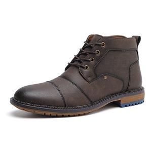 Botas de cuero marrón con punta redonda y cordones, suela de goma, para todas las estaciones, envío directo - Product Image 3