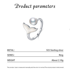 Bague ouverte en argent S925 avec perle queue de sirène, style coréen, perle d'eau douce naturelle, design élégant et de luxe. - Product Image 2