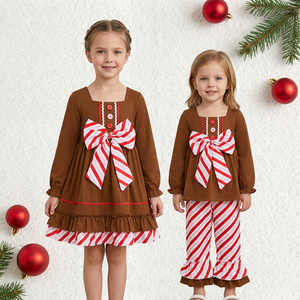 Brown Christmas Girls Dress And 2 Piece Set Candy Cane Striped Big Bow Decor Long Sleeve Children Party Outfit - Product Image 1