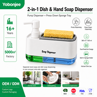 Distributeur de savon pour vaisselle et mains 2 en 1 avec support pour éponge, double réservoir, pompe à pression pour évier de cuisine, comptoir, 800 ml